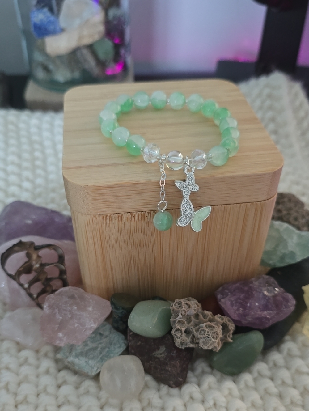 Green Glass Bead Butterfly Charm Bracelet
